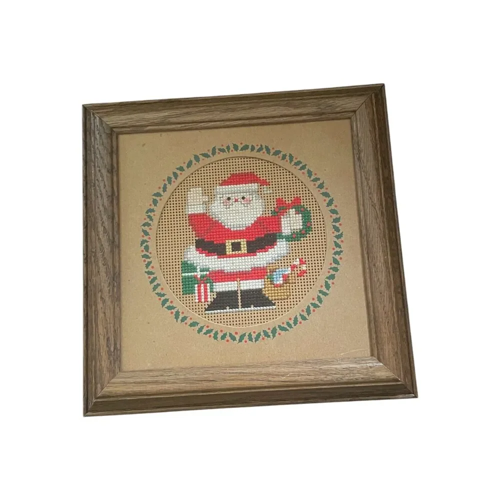 Vintage Handmade Framed Cross stitch Santa Claus Holiday Christmas Wall Art